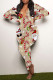 Khaki Casual Print Patchwork Buttons V Neck Skinny Jumpsuits