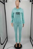 Baby Blue Casual Print Letter Hooded Collar Long Sleeve Two Pieces