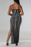 Black Sexy Solid Patchwork See-through Slit Hot Drill Spaghetti Strap Sling Dress Dresses