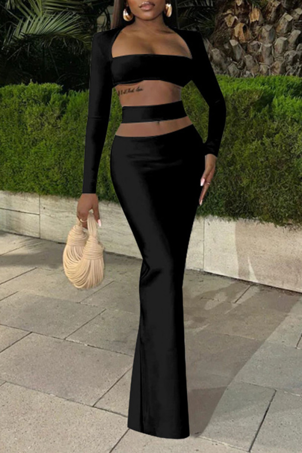 Black Sexy Solid Hollowed Out Patchwork Square Collar Long Sleeve Two Pieces