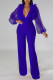 Blue Sexy Solid Patchwork See-through Stringy Selvedge V Neck Straight Jumpsuits