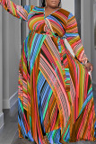 Tangerine Red Casual Print Bandage Patchwork V Neck Straight Plus Size Dresses