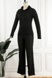 Black Casual Solid Patchwork Hooded Collar Long Sleeve Two Pieces