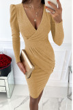 Gold Casual Solid Patchwork Fold Asymmetrical V Neck One Step Skirt Dresses