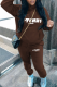 Brown Street Print Patchwork Hooded Collar Plus Size Two Pieces