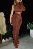 Brown Sexy Solid Patchwork Half A Turtleneck Long Sleeve Two Pieces