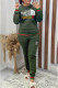 Dark Green Casual Letter Embroidered O Neck Long Sleeve Two Pieces
