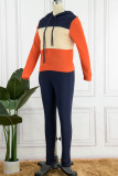 Blue Casual Patchwork Contrast Hooded Collar Long Sleeve Two Pieces