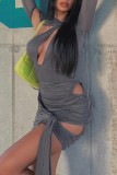 Grey Sexy Solid Hollowed Out Fold O Neck Long Sleeve Dresses