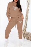 Khaki Casual Letter Print Basic Hooded Collar Long Sleeve Two Pieces