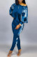 The cowboy blue Sexy Casual Print Patchwork Contrast O Neck Long Sleeve Two Pieces