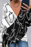 Navy Blue Casual Print Patchwork V Neck Tops