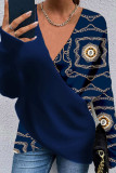 Navy Blue Casual Print Patchwork V Neck Tops
