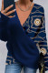 Navy Blue Casual Print Patchwork V Neck Tops