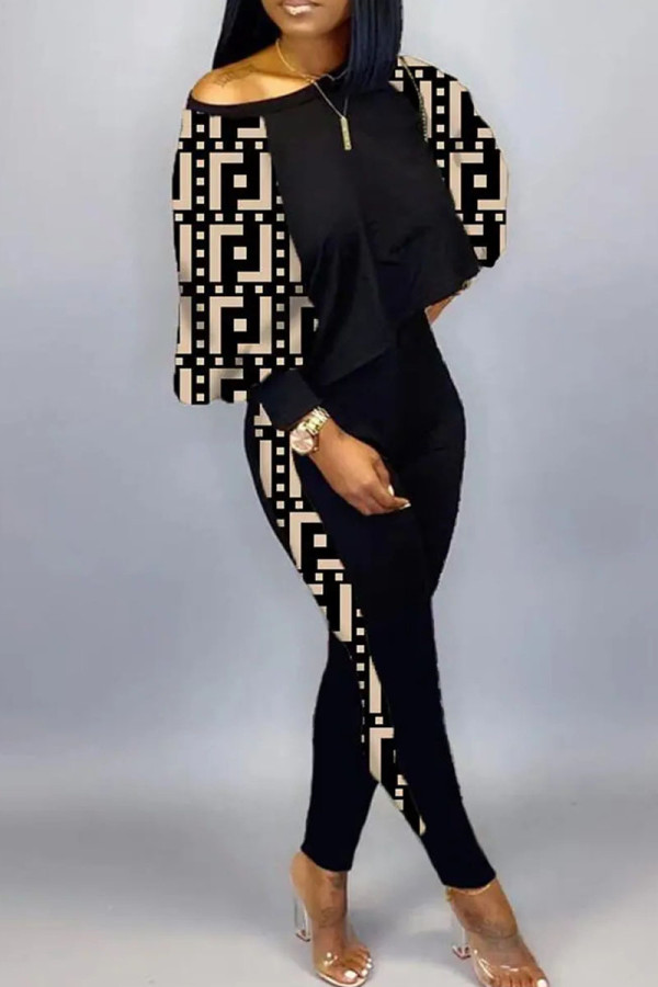 Black khaki Casual Print Patchwork O Neck Long Sleeve Two Pieces