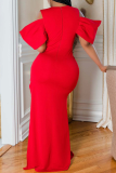 Red Street Solid High Opening V Neck Irregular Dress Dresses