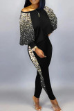 Black Silver Casual Print Patchwork O Neck Long Sleeve Two Pieces