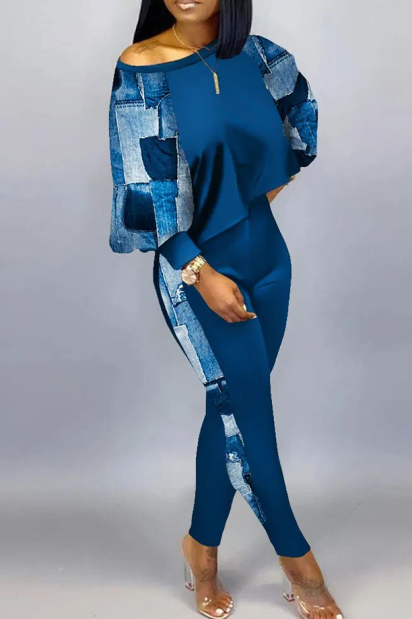 Blue Casual Print Patchwork O Neck Long Sleeve Two Pieces