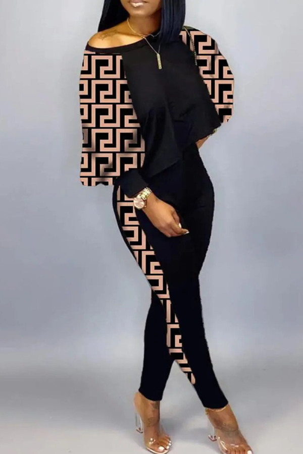 Khaki Casual Print Patchwork O Neck Long Sleeve Two Pieces
