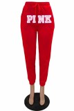 Red Casual Print Letter Mid Waist Bottoms