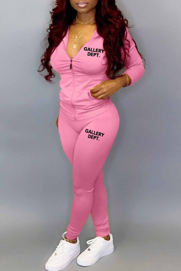 Pink Casual Print Letter Hooded Collar Long Sleeve Two Pieces