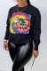 Black Street Character Patchwork O Neck Tops