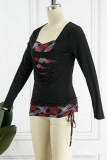 Leopard Print Casual Solid Hollowed Out Patchwork U Neck Tops