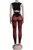 Rose Red Fashion Sexy Print Patchwork V Neck Sleeveless Two Pieces