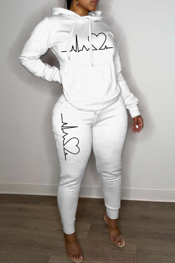 White Casual Print Basic Hooded Collar Long Sleeve Two Pieces