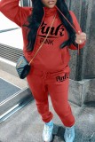 Pink Casual Letter Print Basic Hooded Collar Long Sleeve Two Pieces