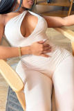 Coffee Sexy Solid Hollowed Out One Shoulder Skinny Jumpsuits