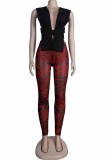 Rose Red Fashion Sexy Print Patchwork V Neck Sleeveless Two Pieces