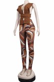 Coffee Fashion Sexy Print Patchwork V Neck Sleeveless Two Pieces