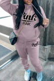 Pink Casual Letter Print Basic Hooded Collar Long Sleeve Two Pieces