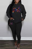 Red Casual Print Letter Hooded Collar Long Sleeve Two Pieces