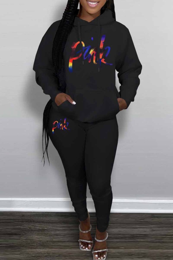 Black Casual Print Letter Hooded Collar Long Sleeve Two Pieces