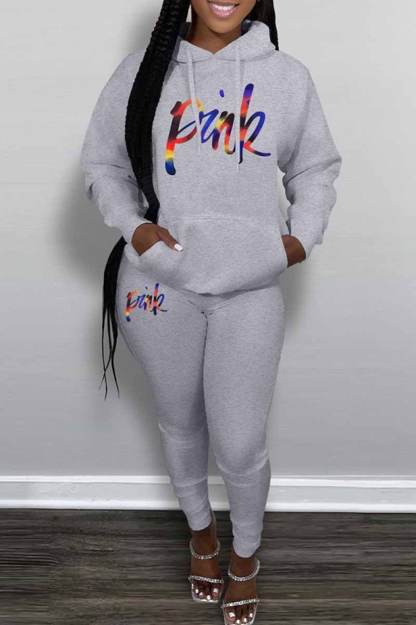 Grey Casual Print Letter Hooded Collar Long Sleeve Two Pieces