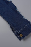 Blue Street Solid Ripped Make Old Patchwork Buckle Turndown Collar Long Sleeve High Waist Regular Denim Jumpsuits