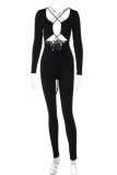 Rose Red Sexy Casual Solid Hollowed Out Frenulum V Neck Skinny Jumpsuits