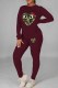 Burgundy Casual Print Patchwork O Neck Long Sleeve Two Pieces