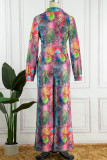 Multicolor Sexy Print Bandage Patchwork V Neck Long Sleeve Two Pieces