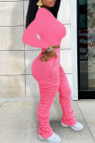 Pink Casual Print Patchwork Fold O Neck Long Sleeve Two Pieces