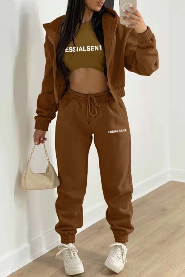 Brown Casual Letter Print Basic O Neck Long Sleeve Three-piece Set