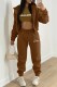 Brown Casual Letter Print Basic O Neck Long Sleeve Three-piece Set