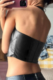 Black Sexy Street Solid Patchwork Zipper Halter Tops