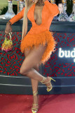 Orange Sexy Solid Patchwork Feathers Asymmetrical V Neck Pencil Skirt Dresses