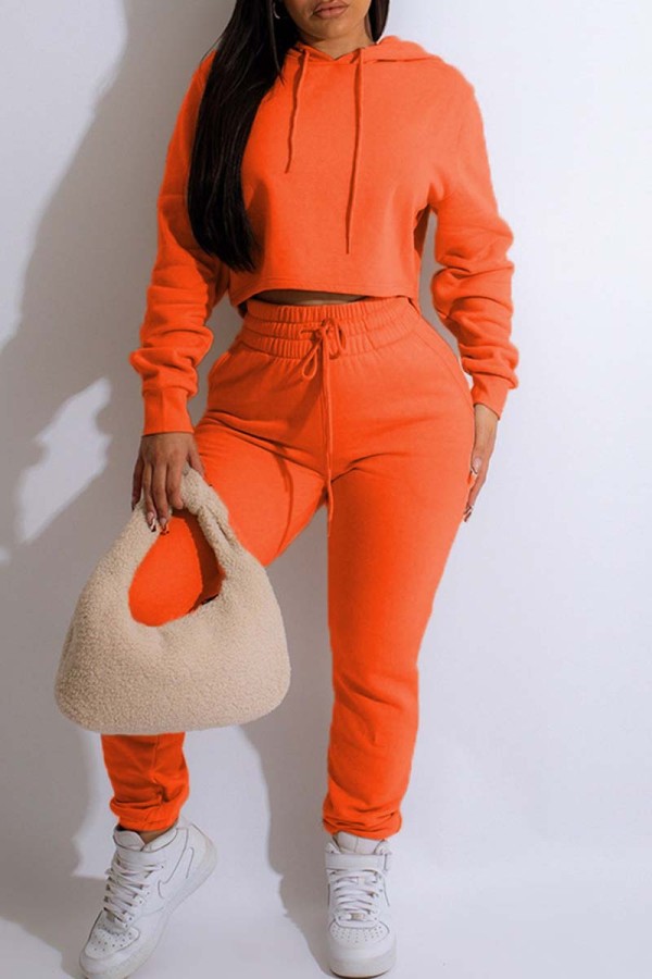 Orange Casual Solid Basic Hooded Collar Long Sleeve Two Pieces