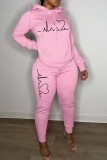 Pink Casual Print Basic Hooded Collar Long Sleeve Two Pieces