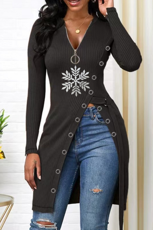 Black Street Snowflakes Zipper V Neck T-Shirts