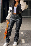 Black Casual Sportswear Solid Patchwork Buckle Patch Turndown Collar Outerwear